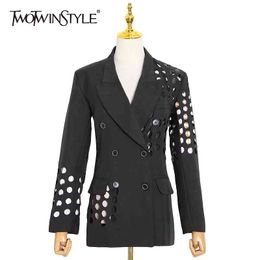 Casual Patchwork Hollow Out Blazer For Women Notched Long Sleeve Tunic Black Coats Female Fashion Clothing 210524