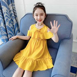 Girls Dresses Fashion Baby Kids Girl Short Sleeve Off Shoulder Solid Colour Princess Dress Children Casual Beach Dresses 13 Years Q0716
