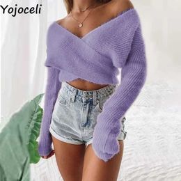 Yojoceli Elegant off shoulder soft knitted pullover women Sexy purple autumn sweater jumper knitting top 210609