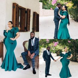 bridesmaid gowns sleeves Canada - 2022 Elegant Hunter Green African Mermaid Evening Dresses Plus Size Short Sleeves Ruffles Prom Dress Formal Evening Bridesmaid Gowns