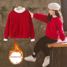 Girls Kids Sweater Autumn Velvet Thick Spring Winter Tops Clothes Toddlers Cotton Sweatshirt Casual Children for 6 8 10 12 Years 211110