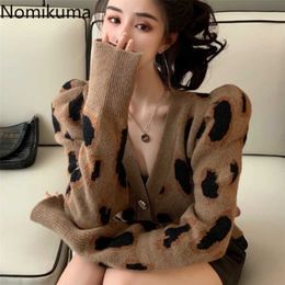 Nomikuma Vintage Leopard Knitted Cardigan Coat Causal Puff Long Sleeve V-neck Sweater Women Knitwear Jacket 6D728 211011
