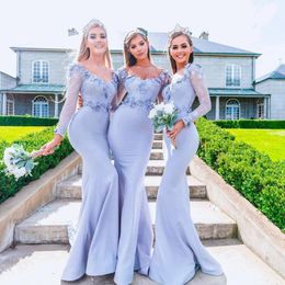 bridesmaid dresses with sleeves Canada - Bridesmaid Dress Long Sleeve Mermaid Ball Gown Sweetheart 3D Floral Appliques Prom Party Evening Lace Elastic Satin Dresses