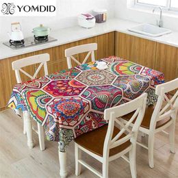 Bohemian Style Print Decorative Linen Tablecloth Thick Rectangular Wedding Dining Cover Colourful Geometric Tea Cloth 210626