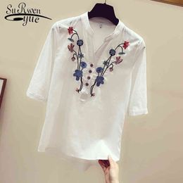 womens tops and blouses shirts white blouse plus size Embroidery V-Neck summer 3140 50 210427