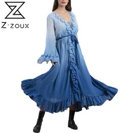 Women Dress Patchwork Chiffon Ruffles Long Sleeve High Waist Blue Vintage es Plus Size Bohemian Beach es 210513