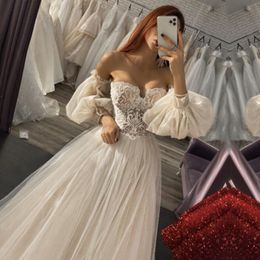 Boho Wedding Dress 2021 Sweetheart Appliques Lace A-Line Puffy Sleeves Princess Elegant Wedding Gown Bride Dresses307w