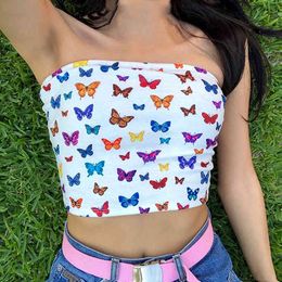 GAOKE Women Off Shoulder Elastic SleevelTube Tank Tops Bra StraplBlack White Print Bandeau Crop Top X0507