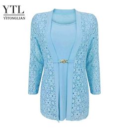 YTL Ladies Three Quarter Sleeve Winter Crochet Patchwork Casual T Shirt Plus Size Tops for Women 6XL 7XL 8XL H384B 210720