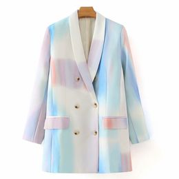 Women Contrast Color Double Breasted Blazer Lapel Tie Dye Office Ladies Clothing Loose Jacket Spring Autumn 210510