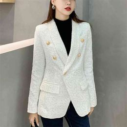 Double Breasted Tweed Blazers Women Elegant Pockets Solid Jacket Coat Office Ladies Suit For Outerwear Casaco Femme 210514