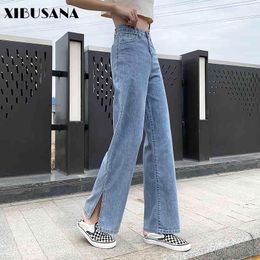 Summer Women High Waist Split Denim Pants Straight Wide Leg Long Length Jeans Lady Solid Colour Loose Female 210423