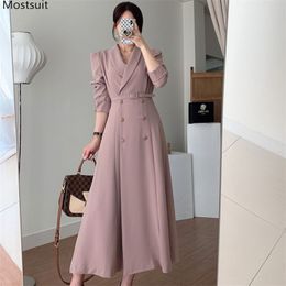 Spring Autumn Elegant Dress Women Double Breasted V-neck Belt Blazer es Korean Outwear Maxi Robe Femme 210513