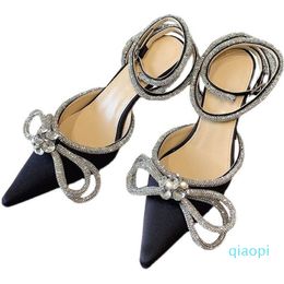 rhinestone Bowtie thin high heels sandals pointed satin wedding shoes women's all-match cross ankle strappy women's Luxury designer