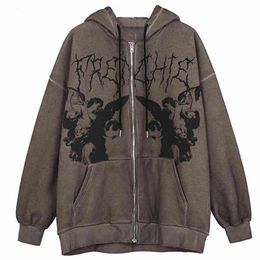 Street hip-hop women's angel print brown zipper hoodie y2k Harajuku punk oversized jacket sweatshirt 210809