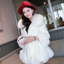 High Imitation Rabbit Fur Coat Women Skirt Style Jacket With Fox Fur Collar Pink Fur Coats Medium Long Overcoat Winter Coats 211213