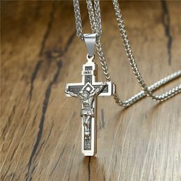 ZORCVENS Punk Vintage Silver Color Cross Necklace INRI Crucifix Jesus Piece Pendant in Stainless Steel Jewelry