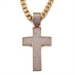 Fashion Women Men White Crystal Cross Pendant StainlSteel Religion Jesus Arc Gold White Zirconia Cross Necklace Jewelry X0707