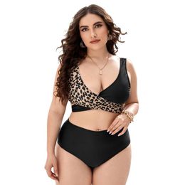 Women's Swimwear 2021 Summer Ladies Plus Size Black Leopard Print Two-Color Cross Stitching Swimsuit V-neck Mid-Waist Beach Suit