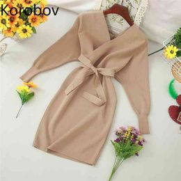 Korobov Autumn New V Neck Slim Lace-Up Long Sweater Sexy Backless Batwing Sleeve Solid Dress Sweaters OL Sueter Mujer 78822 210430