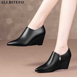 ALLBITEFO genuine leather wedges heels party women shoes brand high heel shoes autumn/spring women pointed toe high heels shoes 210611