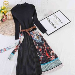 Elegant Knitted Pleated Dress Women Long Sleeve Vintage Blue Print Sweaterer Slim Midi Autumn 210506