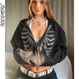 Rockmore Rhinestone Hoodies Women'S Oversized Sweatshirts Harajuku Pockets Hooded Zip Up Jacket Femme Autumn Grunge Top 210928