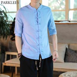 Sky Blue Cotton Linen Shirt Men Men's Chinese Traditional Frog-Button Shirts Slim Fit Half Sleeve Casual Tang Shirt 4XL 210522