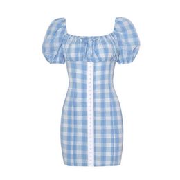 PERHAPS U Blue Plaid Dress Short Sleeve Mini Dress Casual Puff Sleeve Bodycon Sheath Summer Women Female D1780 210529