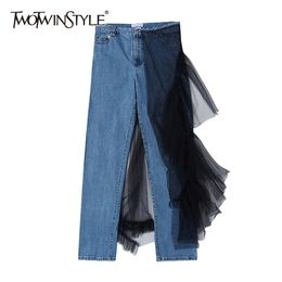 TWOTWINSTYL Casual Patchwork Mesh Full Pant Women High Waist Hit Color Asymmetrical Ruched Jean Female Fashion Clothing 210521