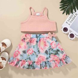 Summer Children Sets Casual Strap Pink Solid Tops Ruffles Print Floral Skirt 2Pcs Girls Boys Clothes Set 0-3T 210629