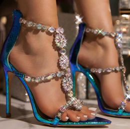 2021 New Women's Sexy High-Heeled Sandals Luxury Pointed Colorful Rhinestone Hollow Stiletto Zipper Nightclub Banquet Shoes Y0721