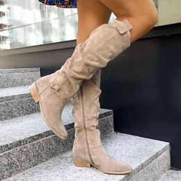 Casual Women Long Boots Winter Khaki Solid Color Warm Ladies Knee High Boots New Pointed Toe Suede Side Zipper Low Heel Shoes H1115