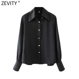 Zevity Women Fashion Golden Breasted Buttons Black Smock Blouse Office Ladies Long Sleeve Shirt Chic Blusas Tops LS7639 210603