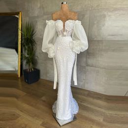 Major Beading Mermaid Prom Party Dresses With Crystals White Flowers Puffy Long Sleeves Bridal Dress Luxury vestido de noiva