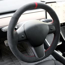 For Tesla Model 3 Model Y All black suede fur red line top red marking car steering wheel cover