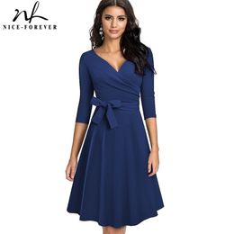 Nice-forever New Spring Pure Colour with Sash Retro Dresses Cocktail Party Flare Swing Women Dress A240 210323