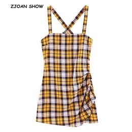 Yellow Gingham Plaid Cross Back Spaghetti Strap Dress Vintage Women Backless Sling Ruched Fold Hem Mini Short Dresses 210429