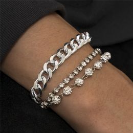 3Pcs Punk Cuban Curb Chain Bracelets Set on hand for Men Vintage Crystal Tennis Link Couple Jewelry Pulseras Steampunk