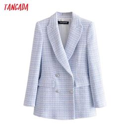 Tangada Women Fashion Blue White Plaid Tweed Blazer Coat Vintage Double Breasted Female Office Lady Chic Tops 3H91 211006
