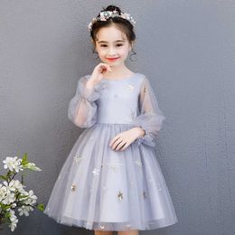 Fairy Girls Stars Embroidery Party Dress Puff Sleeve Princess Silver Evening for Kids Toddler Elegant Costume 210529