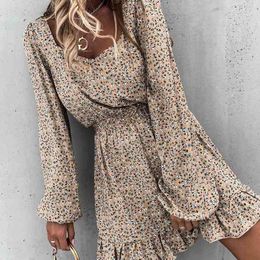 Spring And Autumn Fashion Women's Mini Dresses With Square Collar And Elastic Waist Ruffle Print Sweet Style Hedging Dress 201025