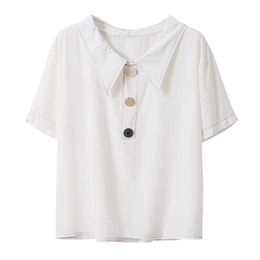 PERHAPS U White Yellow Turn Down Collar Short Sleeve Shirt Chiffon Solid Summer Women Button B0634 210529