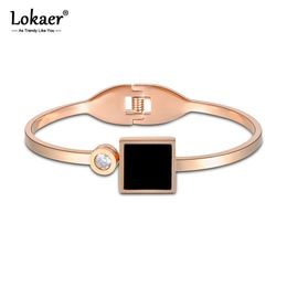 Loaker Trendy Stainless Steel Bangle Rose Gold Romantic Square Acrylic Cubic Cz Crystal Jewelry Bracelet Drop Shipping B17013 Q0719