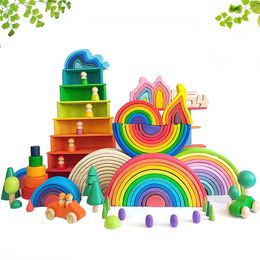 DIY 3D Wooden Rainbow Building Blocks Set Stacker Large Size Creative Montessori Educational Toys For Children Kids