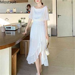 White Summer Sexy Women Long Dress Short Sleeve O-neck Asymmetrical Splitting Dresses Beach Holiday Party Ladies Vestidos 210513