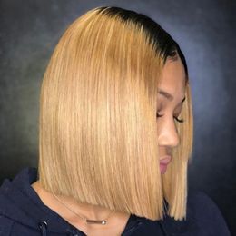 1B 27 Peruvian Remy Short Bob Wigs Straight 13x4 Lace Front Human Hair Wig Honey Blonde for Women