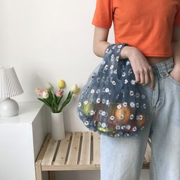 4 Color 2020 Spring Women Small Transparent Tote Mesh Cloth Bag Daisy Embroidery Handbag High Quality Eco Fruit Bag Purse For Girls 1356 B3