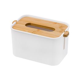 Bamboo Removable Top Lid Lift Tissue Box Rectangular White Plastic Facial Napkin Holder Desktop Lifting Tower Storage Organizer