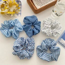 Blue Series Scrunchies Flower Polka Dot Plaid Print Hair Rope Elastic Hair Rubber Bands Women Girls Hair Ties Accessories